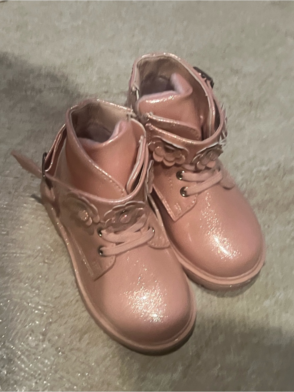 Girls Pink Sparkle Ankle Boots with Flower Accent